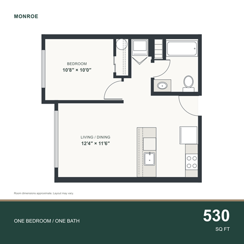Floor plan for 1 bed, 1 bath, 530 sqft